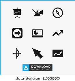 Arrow icon. collection of 9 arrow filled icons such as pointer, intersection, bow, graph, chart on display, chart, compass. editable arrow icons for web and mobile.