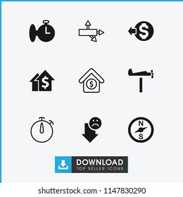 Arrow icon. collection of 9 arrow filled and outline icons such as compass, stopwatch, dolar growth, house sale, coin. editable arrow icons for web and mobile.