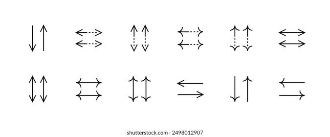 Arrow icon collection. Arrows symbol, direction, navigation, double arrow, different direction, sort, compare, forward and more. Editable stroke. Pixel Perfect. Grid base 32 x 32.