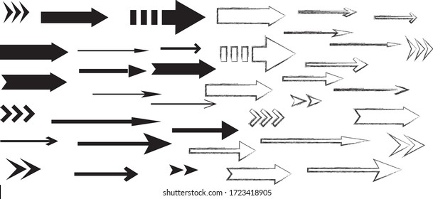 Arrow icon. Collection arrow black and white different shapes isolated on white background. Flat infographics. Vector illustration.