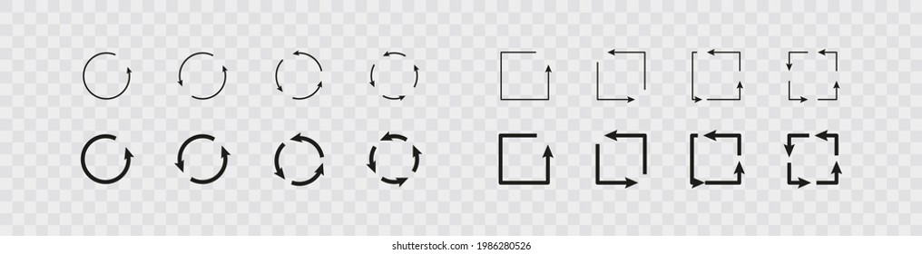 Arrow icon collection in a circle and in a square. Vector on transparent background, illustration