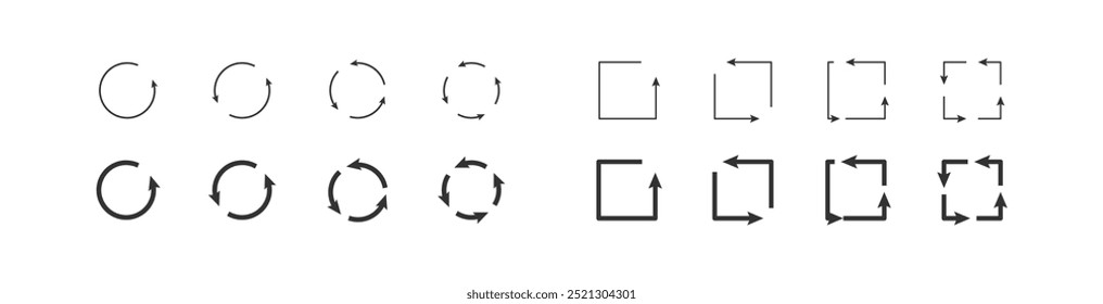 Arrow icon collection in a circle and in a square. Vector isolated