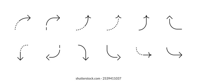 Arrow icon collection. Curved arrows,  upward, downward, turn right, turn left and more. Editable stroke. Pixel Perfect. Grid base 32px.