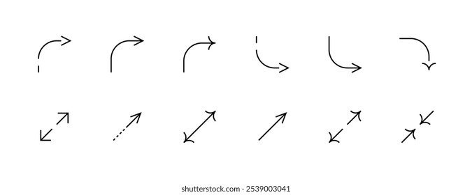 Colección de icono de flecha. Icono de flecha curva. Flechas de interfaz, dirección, navegar, arriba a la derecha, dirección diferente, curva derecha, hacia abajo y más. Trazo editable. Píxel perfecto. Base de rejilla 32px.