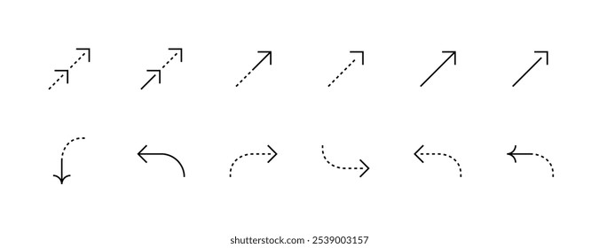 Colección de icono de flecha. Iconos curvos y de flecha superior. Interfaz flechas, dirección, navegar, arriba a la derecha, girar a la derecha, hacia arriba, hacia abajo y más. Trazo editable. Píxel perfecto. Base de rejilla 32px.