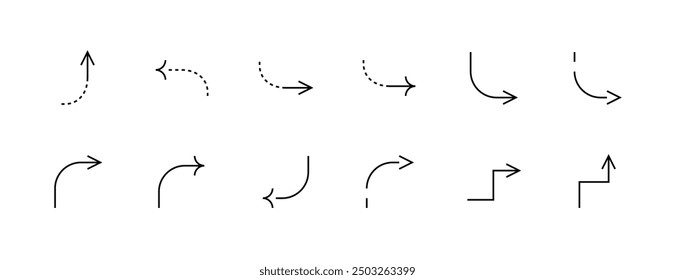 Colección de icono de flecha. Flechas de dirección, curva a la derecha, navegación, hacia abajo, hacia arriba, indicador, gire a la derecha y más. Trazo editable. Pixel perfecto. Base de rejilla 32 x 32.
