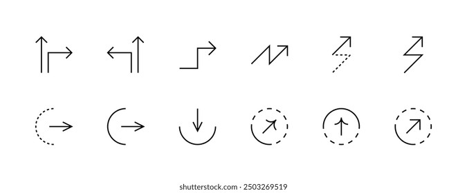 Arrow icon collection. Direction arrows, navigation, way-finding, forward, direction pointer, different direction, waypoint, route indicator and more. Editable stroke.