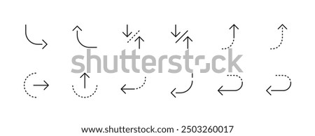 Arrow icon collection. Direction arrows, right curved, navigation, downward, upward, indicator, downturn and more. Editable stroke. Pixel Perfect. Grid base 32 x 32. 