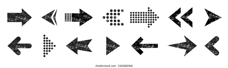 Arrow icon collection. Directional arrows with grunge texture. Vintage arrow button isolated on white background. Vector illustration.