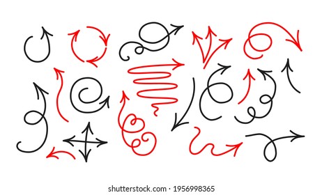 Arrow icon collection in doodle cartoon style. Hand drawn vector clipart illustration.