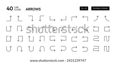 Arrow icon collection. Editable stroke outline arrows direction, up curved, down curved, subdirectory, return, navigation. Pixel Perfect.