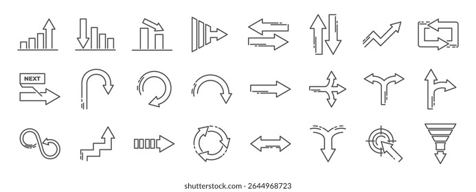 Arrow icon collection for infographic and presentation use. Includes arrow, icon, path, line, stroke, way shapes. Illustrates process, direction, strategy, motion, decision flow. Vector illustration.