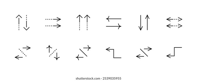 Arrow icon collection. Interface arrows, direction, navigation, different direction, sort, compare, forward and more. Editable stroke. Pixel Perfect. Grid base 32px.