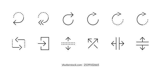 Coleção de ícones de seta. Setas de interface, importar, girar, curva para a direita, seta circular, loop, recarregar e muito mais. Traçado editável. Pixel perfeito. Grade de 32px.