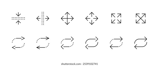 Arrow icon collection. Interface arrows, compare, rotate, separate, move, loop, expand and more. Editable stroke. Pixel Perfect. Grid base 32px.