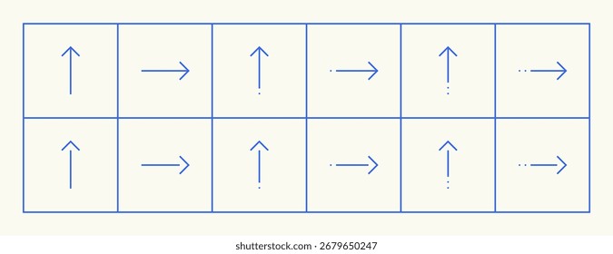 Colección de icono de flecha. Flechas de interfaz, dirección, navegación, dirección diferente, anterior, hacia abajo, hacia adelante, hacia arriba y más. Trazo editable.
