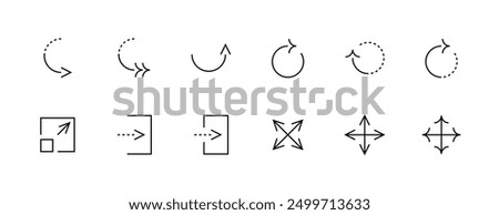 Arrow icon collection. Interface arrows, direction, collapse, right curved, rotate, share, expand and more. Editable stroke. Pixel Perfect. Grid base 32 x 32.