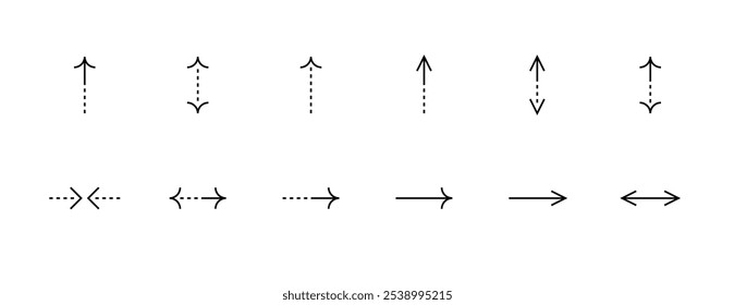 Pfeilsymbol-Sammlung. Symbole mit geraden Pfeilen. Schnittstellenpfeile, Richtung, Navigation, andere Richtung, nach oben, nach rechts und mehr. Bearbeitbarer Strich. Pixel perfekt. Gitterbasis 32px.