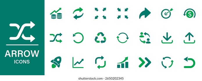 Ícone de seta. Contendo reciclagem, crescimento, destino, zoom, loop, reverter. Coleção de ícones de vetor sólido.