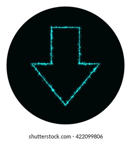 Arrow icon of cyan lights on black background. Neon vector icon