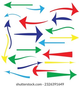 Icono de flecha. Icono de dirección. Conjunto de flecha dibujada a mano. Juego de flechas con trazos a mano. Flecha doodle. Señal de flechas diferentes de la colección.  Vector de flechas simple y moderna. Conjunto Flechas de color.