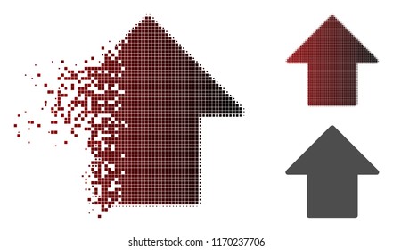 Arrow up icon in dissolved, pixelated halftone and undamaged entire versions. Pixels are arranged into vector disappearing arrow up icon.