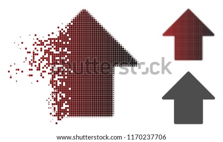 Arrow up icon in dissolved, pixelated halftone and undamaged entire versions. Pixels are arranged into vector disappearing arrow up icon.