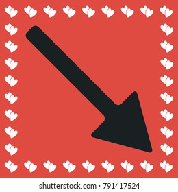 Arrow icon flat. Simple black pictogram on red background with white hearts for valentines day. Vector illustration symbol