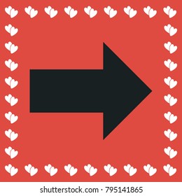 Arrow icon flat. Simple black pictogram on red background with white hearts for valentines day. Vector illustration symbol
