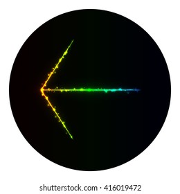 Arrow icon of gradient lights on black background. Neon vector icon