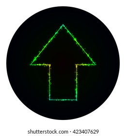Arrow icon of gradient lights on black background. Neon vector icon