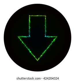 Arrow icon of gradient lights on black background. Neon vector icon