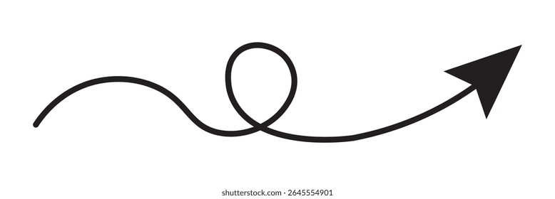 Ícone de seta. Seta de doodle de linha preta desenhada à mão, vetor de seta de curva. Desenho curvo pontilhado setas design isolado no fundo branco. Forma de direção para Web e aplicativo.
