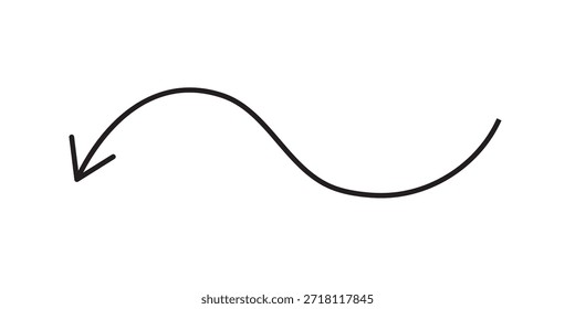 Icono de flecha. Vector de flecha de curva de línea negra dibujada a mano. Dibuje el diseño curvo de la flecha aislado en el fondo blanco. Forma de la dirección para el Web y el App.
