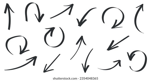 Arrow icon in hand drawn style. Handmade doodle vector illustration on isolated background. Cursor pointer sign business concept.