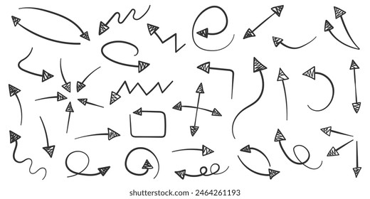 Arrow icon in hand drawn style. Handmade doodle vector illustration on isolated background. Cursor pointer sign business concept.