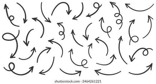 Arrow icon in hand drawn style. Handmade doodle vector illustration on isolated background. Cursor pointer sign business concept.