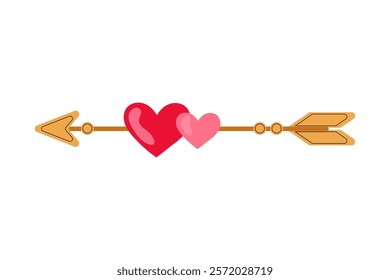 Arrow icon with hearts. Golden arrow. Direction, path, aim. Flat illustration on white background.