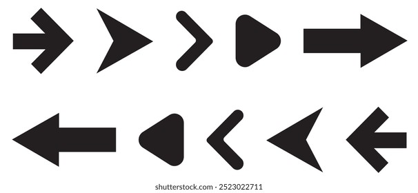  Pfeilsymbolgrafik. Mega-Satz von Vektorpfeilen. Schwarze Vektorpfeile. Moderne einfache Pfeile. Einfache Pfeile großer Satz. Vektorgrafik.