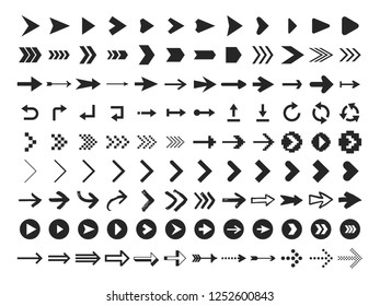 Arrow Icon. Infographic arrows sign, next or back web button and right pointer. Direction glyph arrowheads navigation or download black buttons vector silhouette isolated icons set