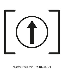 Arrow icon inside circle. Simple upload symbol with minimal frame. Abstract vector graphic. Bold geometric design.