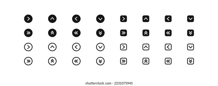 Icono de flecha. Señales de izquierda, derecha, arriba, abajo. Avanzar en el cuadrado y el símbolo de círculo. Iconos de aceleración. Color negro. Signo aislado del vector.