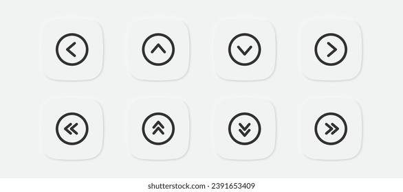 Arrow icon. Left, right, up, down signs. Forward in the square and circle symbol. Acceleration icons. Vector isolated sign.