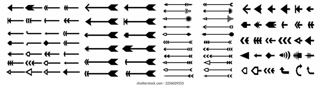 Arrow icon. Mega set of vector arrows. Set of black arrows icons. Flat and line art style. Modern simple arrows. Vector illustration isolated on white background