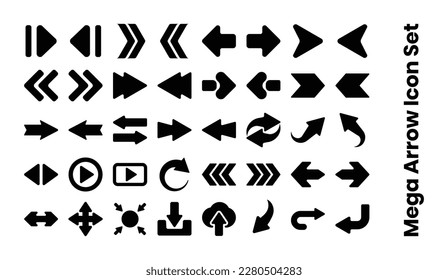 Icono de flecha Mega Set Vector con color negro y blanco, iconos de flecha de estilo diferentes, flecha izquierda, flecha atrás, dirección, cursor para sitio web y aplicaciones