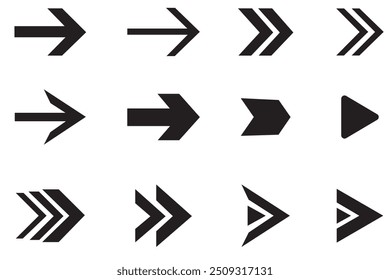 Ícone de seta. Mega conjunto de setas vetoriais.  Ícones de setas pretas.  Coleção de vetores de seta. Defina diferentes símbolos de direção de seta de cursor em estilo plano. Setas simples modernas. Ilustração vetorial.
