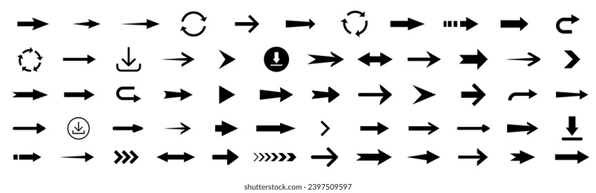 Icono de flecha. Modernas flechas simples. Colección de flechas diferentes en estilo plano para diseño web o interfaz.  Conjunto de flechas. Ilustración vectorial.