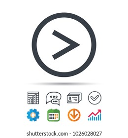 Arrow icon. Next navigation symbol. Statistics chart, chat speech bubble and contacts signs. Check web icon. Vector