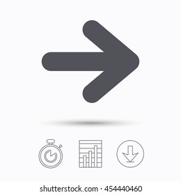 Arrow icon. Next navigation symbol. Stopwatch, chart graph and download arrow. Linear icons on white background. Vector