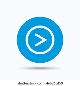Arrow icon. Next navigation symbol. Blue circle button with flat web icon. Vector